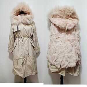NewReal Fox Fur-Lined Parka Coat Fox Puffer Jacket Beige Cream WhitePink Raccoon